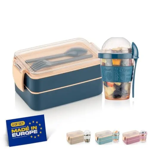 Produktbild: Winkly® Lunchbox, Brotdose kinder mit fächern (400+500)ml & 600ml Müslibecher - Bento Box To Go, 2-Fächer Bento & Besteck, Jausenbox für Mikrowelle & Spülmaschine, Brotdose schule, Picknick(Navy Blau)