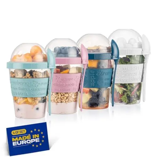 Produktbild: Winkly® Müslibecher to go mit Löffel, 4er SET 600ml, Praktischer Joghurtbecher to go, Wiederverwendbarer Müsli to Go Becher zum Frühstück, Perfekt für Schule, Büro & Reise. BPA-FREI