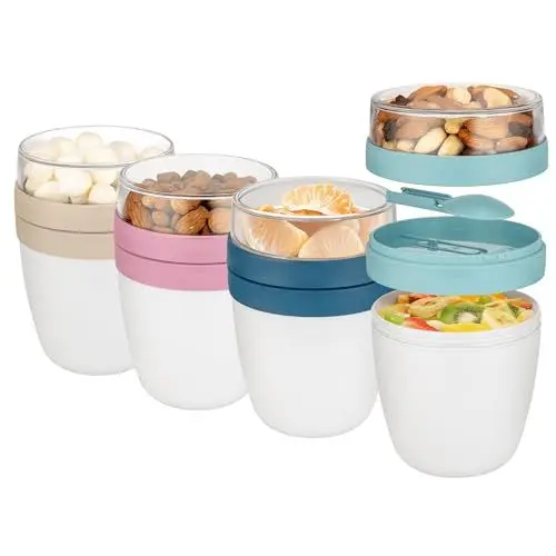 Produktbild: Winkly® neues Design Müslibecher to go mit Löffel, 4er SET 500ml + 200ml, Praktischer Joghurtbecher to go, Geeignet für Gefrierschrank, Mikrowelle & Spülmaschine, BPA-FREI
