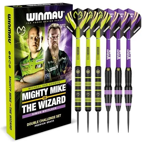 Produktbild: WINMAU Darts Michael „MvG“ Van Gerwen gegen Simon „The Wizard“ Whitlock | Doppelset | 22 g Steeltip-Messing-Dart-Set mit Flights und Schäften (Schäfte)