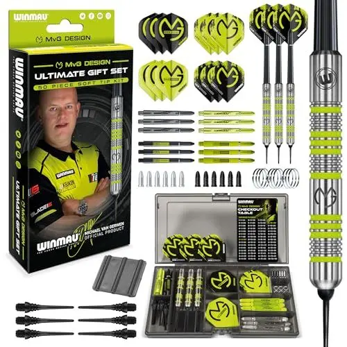 Produktbild: WINMAU MvG Dart Soft Tip Geschenkset - 50-teiliges Dart Set mit 4 Sätzen Dartschäften, 4 Sätzen Flüge und Zubehör