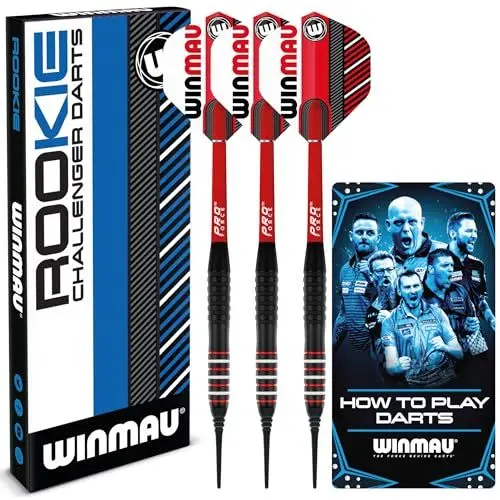 Produktbild: WINMAU Rookie Red Softip (Kunststoffspitzen) Messing-Darts-Set, Einzel- oder Multi-Sets, inklusive Flights und Schäfte (Stiele), exklusives Dart-Broschüre, Blau, Rot und Grün