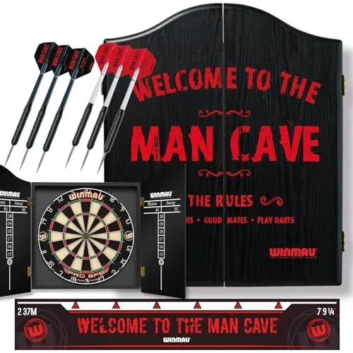 Produktbild: Winmau Man Cave Dartboard-Geschenkset mit Dartboard, Dartschränkchen, Pfeilen und Abwurflinie
