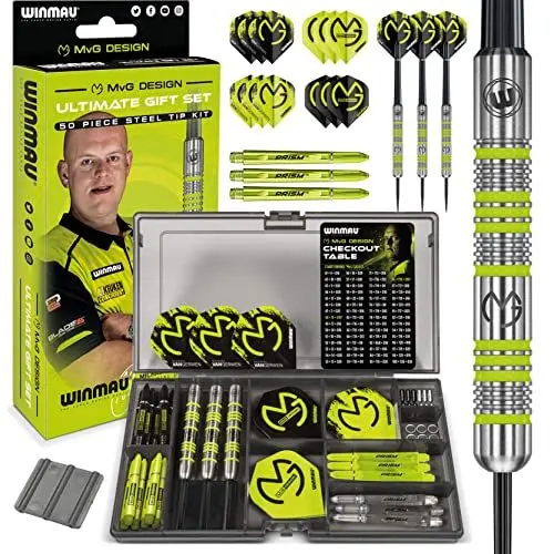 Produktbild: Winmau MvG Dart Steeltip Geschenkset - 50-teiliges Dartset mit 4 Sätzen Dartschäften, 4 Sätzen Flüge und Zubehör