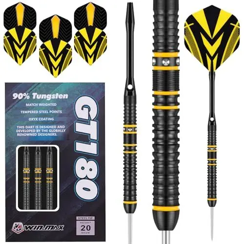 Produktbild: WIN.MAX Dartpfeile mit Metallspitze 90% Tungsten 3 Stück 90% Wolfram Stahl Darts 20 Gramm