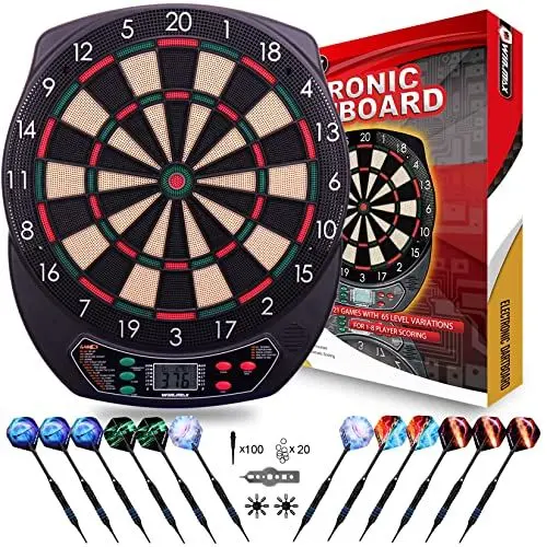 Produktbild: WIN.MAX Elektronische Dartscheibe Profi Set mit 65 Varianten für 1 bis 8 Spieler mit 12 Darts + 12 Pro Flights 100 Pfeilspitzen Zubehör