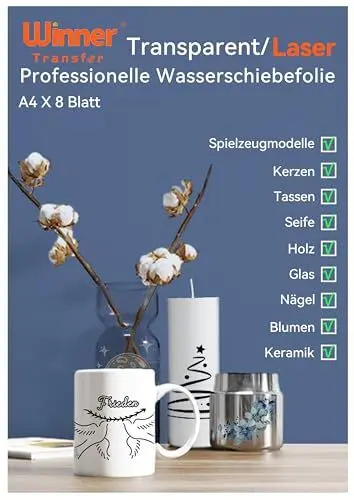 Produktbild: WinnerTransfer DIN A4X8 Blatt, Laser Wasserschiebefolie(TRANSPARENT),Kerzentattoos, water slide paper - Nassschiebefolie für Spielzeugmodelle,Tassen,Keramik, Glas, Kunststoff