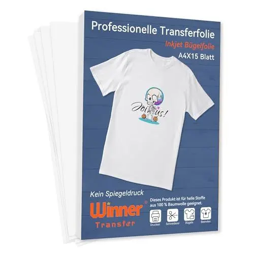 Produktbild: WinnerTransfer A4X15 Blatt Professionelle Inkjet Transferfolien Für helle Stoffe Buegelfolie Für helle T- Shirts,Transferpapier,Bügelpapier,Textilen Folien(D-WT-2-15)
