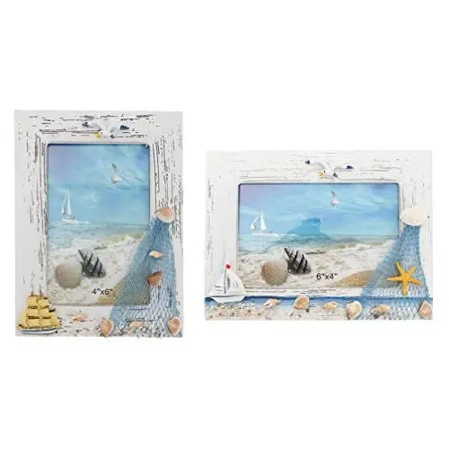 Produktbild: WINOMO 2 Stück Holz Fotorahmen 6 Zoll Nautischen Stil Bilderrahmen Küsten Ornament Strand Nautische Dekoration