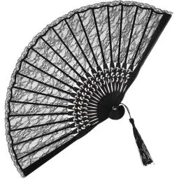 Produktbild: Spanischer Faltfächer aus Spitze – Eleganter Handfächer für Damen mit Blumenstickerei & Quaste (Schwarz, 23 cm) – Ideal für Hochzeiten & Accessoires