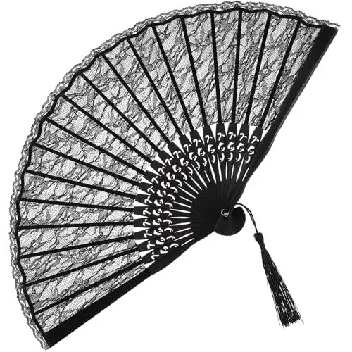 Produktbild: Spanischer Faltfächer aus Spitze – Eleganter Handfächer für Damen mit Blumenstickerei & Quaste (Schwarz, 23 cm) – Ideal für Hochzeiten & Accessoires