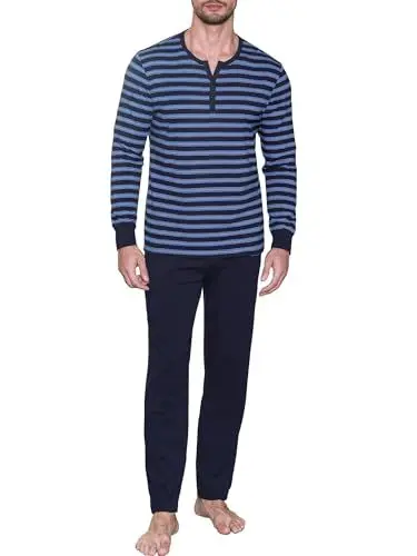Produktbild: Winovia Zweiteiliger Schlafanzug Herren lang Sleepwear Baumwolle Pyjama Set Winter Nightwear Set Nachtwäsche Langarm mit Knopfleiste, V-Ausschnitt, und Streifen-Design Dunkelblau XXL