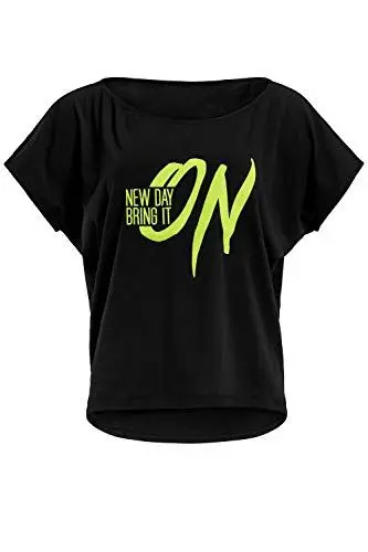 Produktbild: Winshape Damen ultra leichtes Modal-Kurzarmshirt MCT002 mit neon gelbem „New day bring it on” Glitzer-Aufdruck, Winshape Dance Style