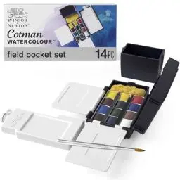 Produktbild: Winsor & Newton 0390639 Cotman Field Box Aquarellfarben Set, lebendige Wasserfarben mit hoher Lichtechtheit, große Farbauswahl, Alterungsbeständig - 12 Farben in 1/2 Näpfen, Mischpalette, Wassertank