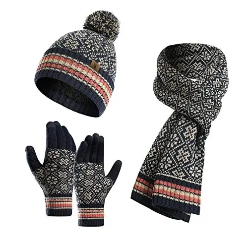 Produktbild: Meajore MüTze Schal Handschuhe Damen Set 3 In 1 Winter Warm Beanie Touchscreen Handschuh Und Lang Schal StrickmüTze Set