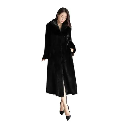 Produktbild: Winter Maxi Schwarz Warm Flauschigen Kunstpelz Mantel Koreanische Frauen Mit Kapuze Langarm Rock Luxus Jacken