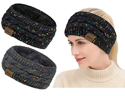 Produktbild: Winter Schleifen Stirnband Damen Gestrickt Warmes Stirnbänder Ohrenwärmer Kopfband Haarband Verdicken für Frauen Mädchen, Elastische Häkelarbeit Thermo Stirnband (Reines Schwarz, reines Grau)