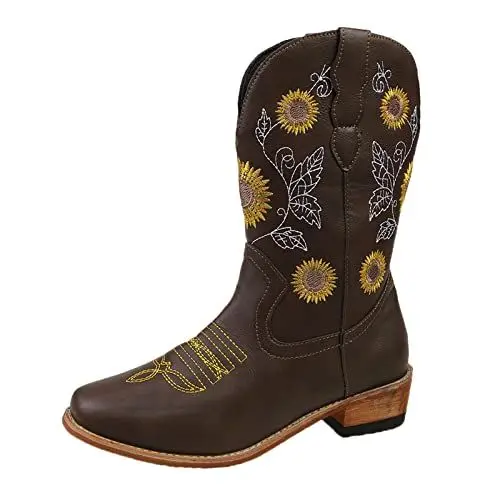 Produktbild: Winter Schuhe Lange Boots Hohe Stiefel Schuhe Zehenmode, Absatzgröße, bestickte Damenrunde, kurze, dicke Plus-Stiefel, Damenstiefel Damen Winter Hohe Stiefel Lässige Winterstiefel (Coffee, 43)