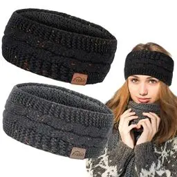 Produktbild: Winter Stirnband für Damen- Mädchen Gestrickte Haarreifen Verdicken Elastische Haarband Ohrenwärmer für Outdoor Sport, Einkaufen, Skifahren, Laufen, Joggen (Schwarz + Grau 2)