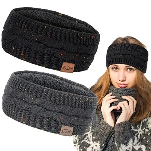 Produktbild: Winter Stirnband für Damen- Mädchen Gestrickte Haarreifen Verdicken Elastische Haarband Ohrenwärmer für Outdoor Sport, Einkaufen, Skifahren, Laufen, Joggen (Schwarz + Grau 2)