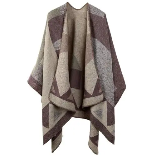 Produktbild: Winter Warme Poncho Schal Wrap - Herbst Open Front Cape Winddichte Strick Wolle Mantel Decke Kap-Schal Übergroße Winterdecke Reversible Dicke Cardigan Coat für Frau Mädchen Festliche Geschenke
