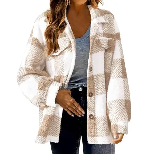 Produktbild: Winterjacke Damen Grosse GröSsen Wolljacke Damen Shackets für Frauen 2024 Winter Warm Fuzzy Plaid Shirt Jacken Plus Größe Button Down Langarm Mäntel Women Winter Jacket Damen Jacken (Beige, S)