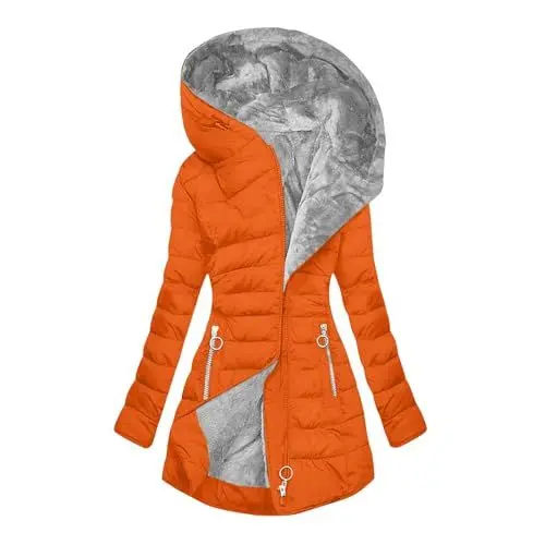 Produktbild: Winterjacke Damen Lang Wintermantel Fleece Gefüttert Steppjacke Warm Daunenjacke Elegant Parka mit Kapuze Winterparka Einfarbig Hoodie Jacke Winddicht Outdoorjacke Baumwolle Mantel Orange XL