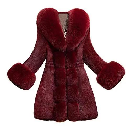 Produktbild: Winterjacke Damen Mit Fellkapuze Damen Wollmantel Frauen-Pelz-Mantel-elegante dicke warme Art- und Weiseoberbekleidung-lange Kunstpelz-Jacke Winterjacke Wasserdicht Damen Winter Parka Damen (Wine, L)