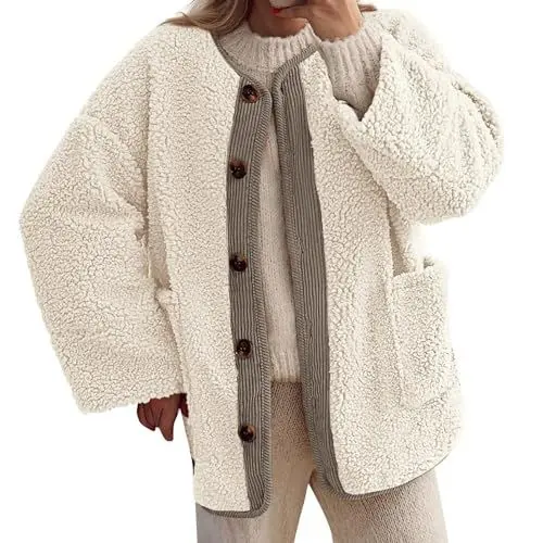 Produktbild: Winterjacke Damen Warm Damen Fleecejacke, Trendige, langärmelige Knopfleiste, flauschig gefütterte Oberbekleidung, lässiger, Warmer Wintermantel Damen Mantel Winter Damen Mantel Winter (White, XXL)