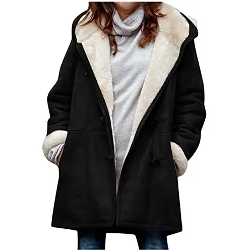 Produktbild: Winterjacke Damen Warm Jacke Große Größen Fleecejacke Einfarbig Bequeme Sweatjacke Verdickt Bottoming Softshelljacke Lange Ärmel Sportjacke Knöpfe Kapuze Mantel mit Taschen Hoodie