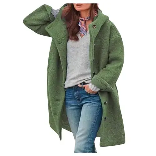 Produktbild: Winterjacke Damen Warm Wolljacke Wintermantel Trenchcoat Übergangsjacke Mantel Hemdjacke Basic Einreihig Wool Coat Wollmantel Jacke Meine Bestellungen Anzeigen(A03 Green,M)