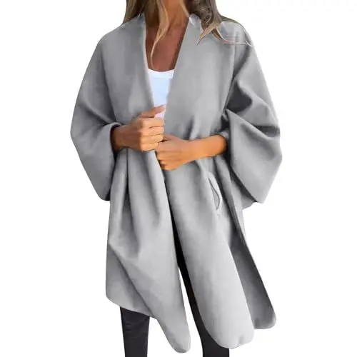 Produktbild: Winterjacke Damen Wasserdicht Winterjacke Lockere Cape-Jacke mit V-Ausschnitt für Damen/Winter Wintermantel Damen Wolle Winterparka Damen Business Outfit Damen Trench Coat Women (Grey, L)