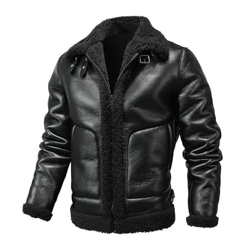 Produktbild: Winterjacke Herren mit Fell Hochwertiges Kunstleder Lederjacke Teddy-Fleece Wildlederjacke Gefüttert Parka Dicker Warme Bomberjacke Winter Lammfell Mantel Fleecejacke Übergangsjacke(Black,3XL)