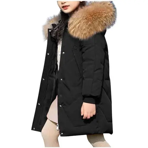 Produktbild: Winterjacke Mädchen Daunenjacken Baumwolle Mantel Verdickte Steppjacke Warm Wintermantel Lässiger Jacken Puffer Jacket Thermo Kapuzenjacke Bequem Daunenmantel Outdoorjacke Angebote Schwarz, 9 Jahre