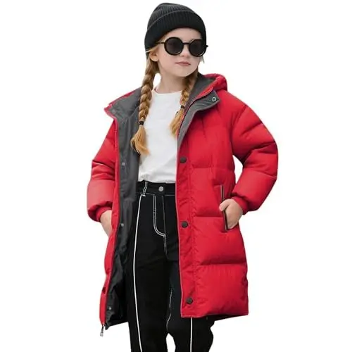 Produktbild: Winterjacke Mädchen Leichte Steppjacke Lang Winter Warme Daunenjacken Verdicken Einfarbig Niedliche Wintermantel Casual Softshelljacke Mit Kapuze Kinder Puffer Jacke Mit Reißverschluss 1-12 Jahre