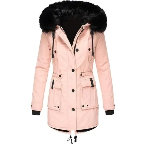 Produktbild: CixNy Wintermäntel für Damen Übergröße Pufferjacke Warmer Parkalockerer Daunenmantel Lässig Einfarbig Jack mit Fleecefutter und Kapuze (Pink, S)