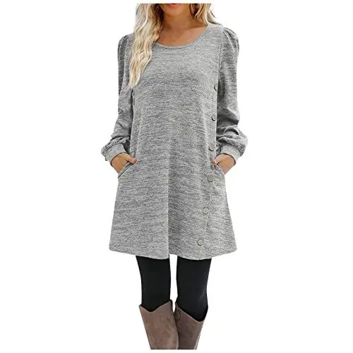 Produktbild: Winterkleid Damen Elegant Kurz mit Knopfleiste Pulloverkleid Damen Winter Langarm A Linie Herbstkleid Damen Locker mit Taschen Sweatkleid Rundhals Shirtkleid Frauen Casual Winterkleider
