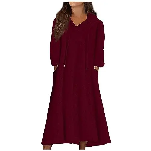Produktbild: Winterkleid Damen Fleece Lang Langarm Winter Kleider Damen Mit Kapuze Warm Maxikleid Damen V Ausschnitt Mit Taschen Kleid Damen Elegant Einfarbig Hauskleid Damen Innenfutter Schlafkleid Damen
