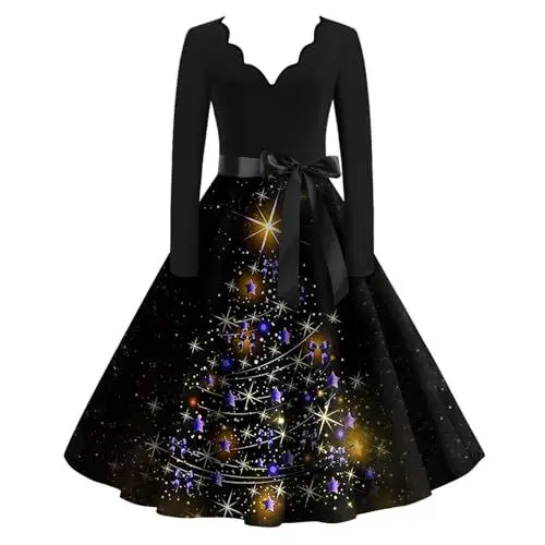 Produktbild: Winterkleid Damen Knielang V Ausschnitt Weihnachtskleid Damen Langarm Hohe Taille Rockabilly Kleider Damen A Linie Cocktailkleid Damen Weihnachten Muster Kleid Damen Elegant Mit Gürtel Bogen