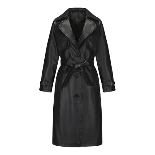 Produktbild: Wintermantel Damen Lang Elegant Ledermantel Revers Trenchcoat Damen Mit Knöpfen Lederjacke Mantel Winter Jacke Einfarbig Cardigan Winterjacke Frauen Warm Übergangsmantel Mit Gürtel Windjacke