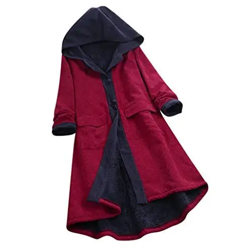 Produktbild: Wintermantel Damen Lang Mit Kapuze Winterjacke Damen Warm Gefüttert Fleece Cordjacke Damen Mit Knöpfen Mantel Damen Winter Dicke Cord Jacke Frauen Mit Taschen Übergangsjacke Teddyfutter