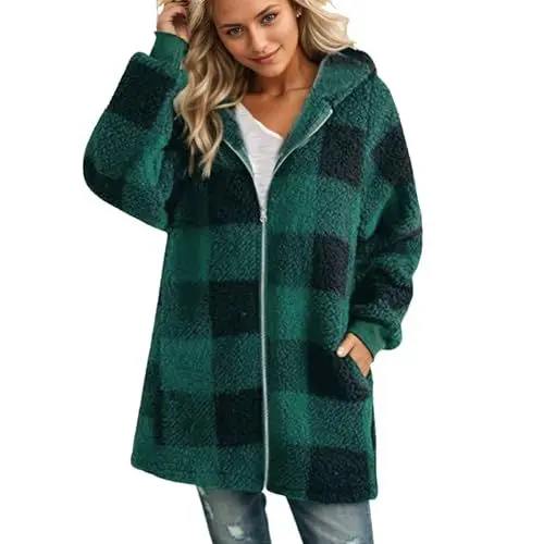 Produktbild: Ansenesna Fleecejacke Damen Mit Kapuze Flauschig Winterjacke Damen Warm Gefüttert Wintermantel Elegant Kariert Dicke Mantel Jacke Frauen Winter Plüsch Fleece Damen-Jacken mit Reissverschluss
