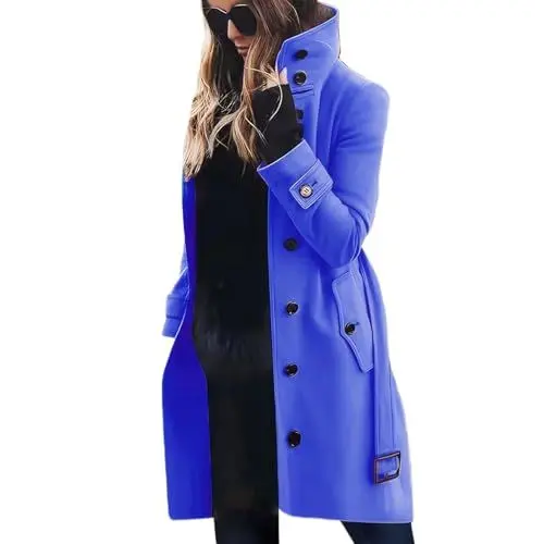 Produktbild: Wintermantel Damen Lang Wolle Damenmantel Elegant Wollmantel Winter Trenchcoat Stehkragen Winterjacke Warm Mantel Wintercoat Mit Knöpfen Tweed Jacke Frauen Einfarbig Outwear Mit Gürtel