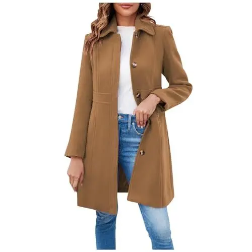 Produktbild: Wintermantel Damen Lang Wolle Elegant Trenchcoat Wollmantel Winter Mantel Frauen Mit Knöpfen Windjacke Damenmantel Einfarbig Windbreaker Tweed Jacke Schlanke Winterjacke Warm Übergangsjacke