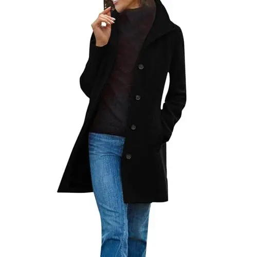 Produktbild: Wintermantel Damen Lange Elegant Wollmantel Warme Langarm Revers Mantel Baumwolle Freizeit Fleecejacke Winter Einfarbig Dünne Trenchcoat Übergangsmantel mit Taschen Winterjacke Wolljacke Black L
