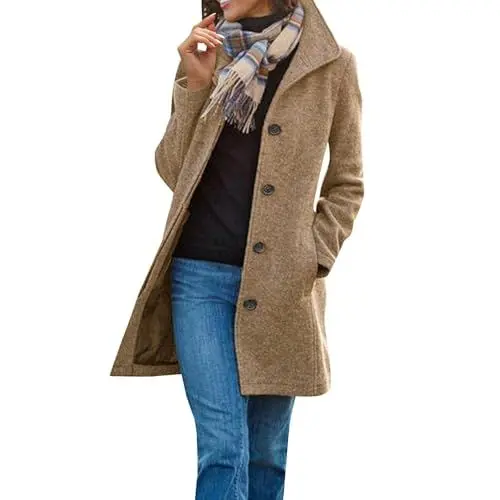 Produktbild: Wintermantel Damen Lange Elegant Wollmantel Warme Langarm Revers Mantel Baumwolle Freizeit Fleecejacke Winter Einfarbig Dünne Trenchcoat Übergangsmantel mit Taschen Winterjacke Wolljacke Khaki XL