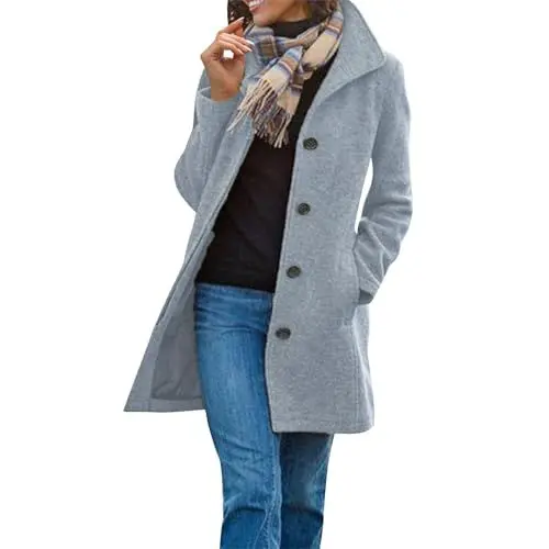Produktbild: Wintermantel Damen Lange Elegant Wollmantel Warme Langarm Revers Mantel Baumwolle Freizeit Fleecejacke Winter Einfarbig Dünne Trenchcoat Übergangsmantel mit Taschen Winterjacke Wolljacke Light Gray S