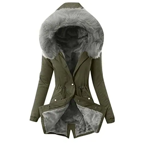 Produktbild: Wintermantel Damen Mittellang Winterjacke Warm Gefüttert Fleece Parka Mantel Mit Kapuze Kunstpelzkragen Jacke Frauen Winter Winterparka Verdickene Outdoor Übergangsjacke Mit Knöpfen Zipper