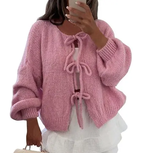 Produktbild: Wintermantel Damen Reduziert, Graue Jacke, Schwarze Strickjacke Mit Schleifen, Weiche Und Warme Cardigan, Locker Geschnitten, Langärmlig, Modischer Pullover (Pink, S)