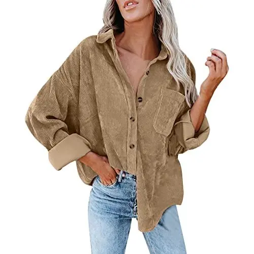 Produktbild: Wintermantel Damen Sale, Jacke Damen Winterjacke Übergangsjacke Damen Cordhemd Mit Knöpfen Übergroße Blusen Oberteile Langärmlige Lässige Warme Jacke Mit Taschen Glitzer Pulli Damen, Herbstjacke Sale
